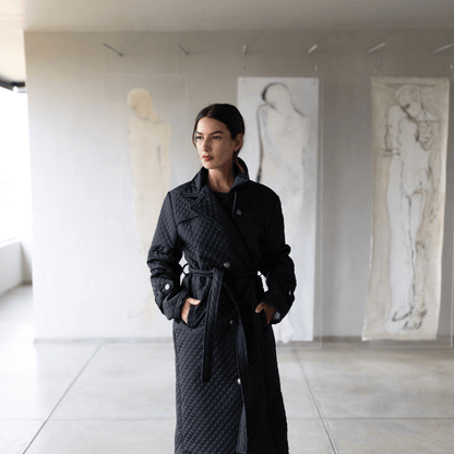 kyra matte black trench coat with button detail and stitching material detail-coat-lynne